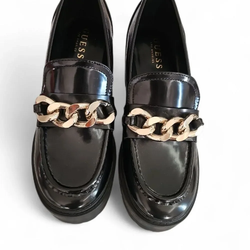 Guess Chunky Chain Loafers Women 9.5 Black Lug Sole Platform Preppy Goth